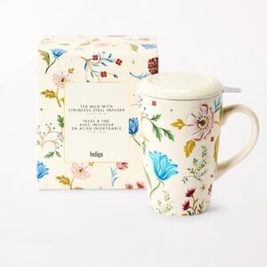 NWOT Indigo Peach and Leaf Patterned Mug & Tea Strainer.